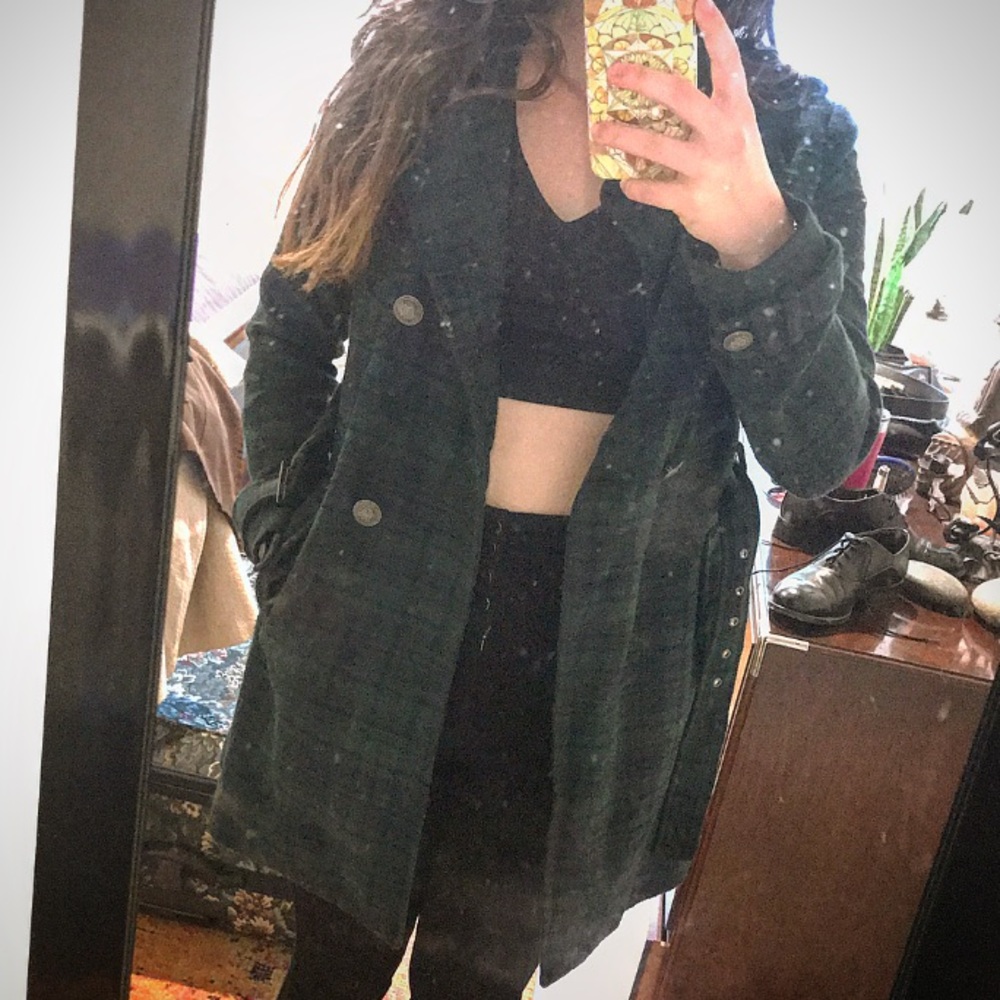 Dark Green Plaid Trench Coat